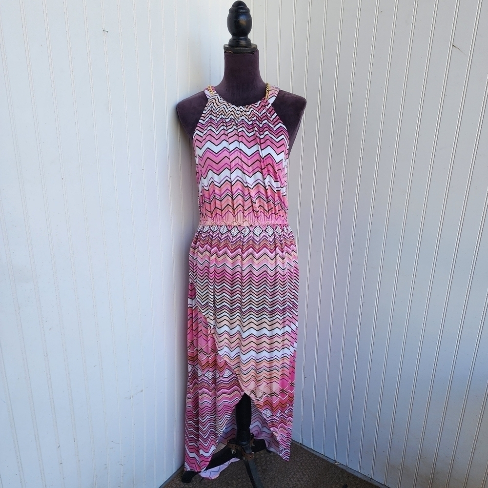Jennifer Lopez Pink and White High Low Sundress with Sleeveless Halter Neck